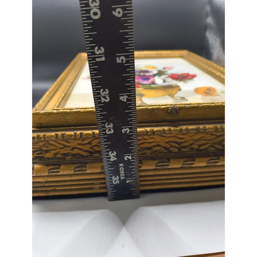 Vintage 1940s Gold Gilt Wooden Jewelry Box with Mirror & Floral Art SEE PHOTOS